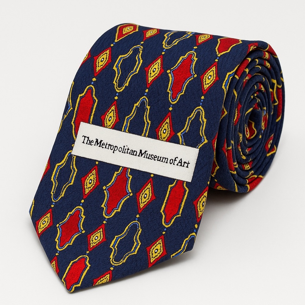 The Met Museum Silk Tie – Red, Navy & Gold Geometric – 58.5” x 4”